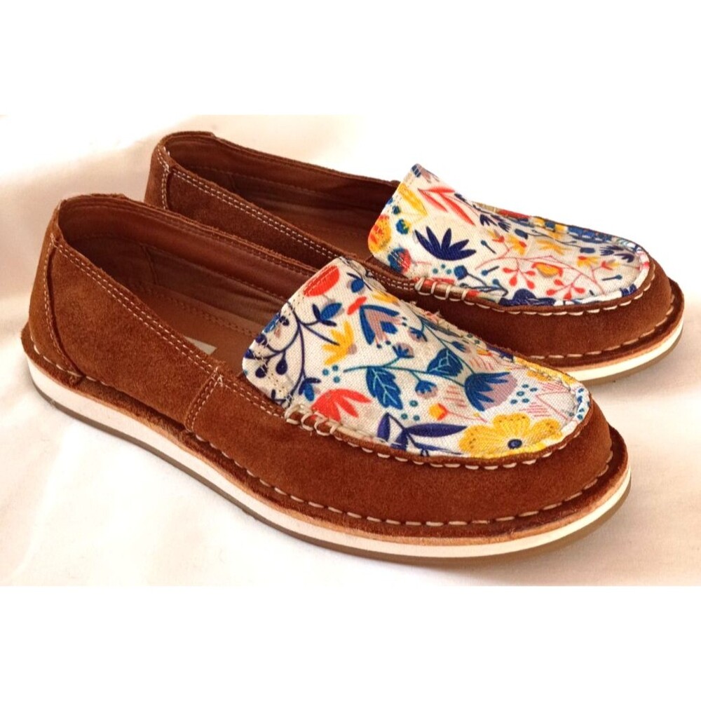 MYRA Women's Tan Floral Slip-On Flats Suede Canvas US Size 7